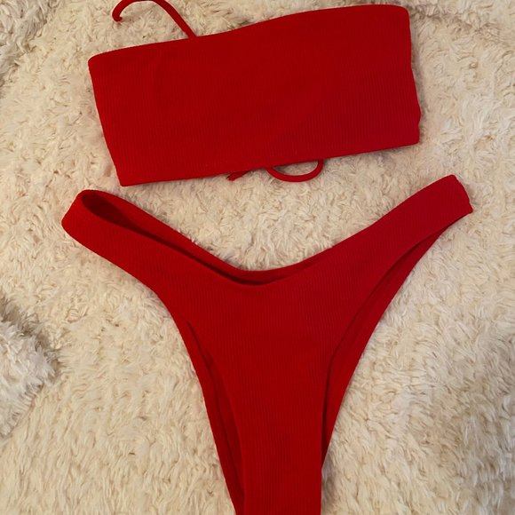 Other - NWOT Red Ribbed Bandeau Top High Cut Bikini
